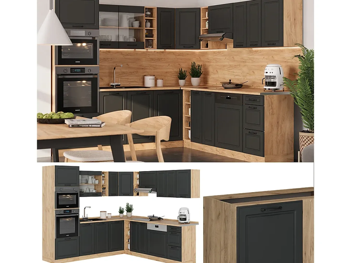Cocina esquinera casa de campo antracita/roble dorado 247x46x81.6 r-line