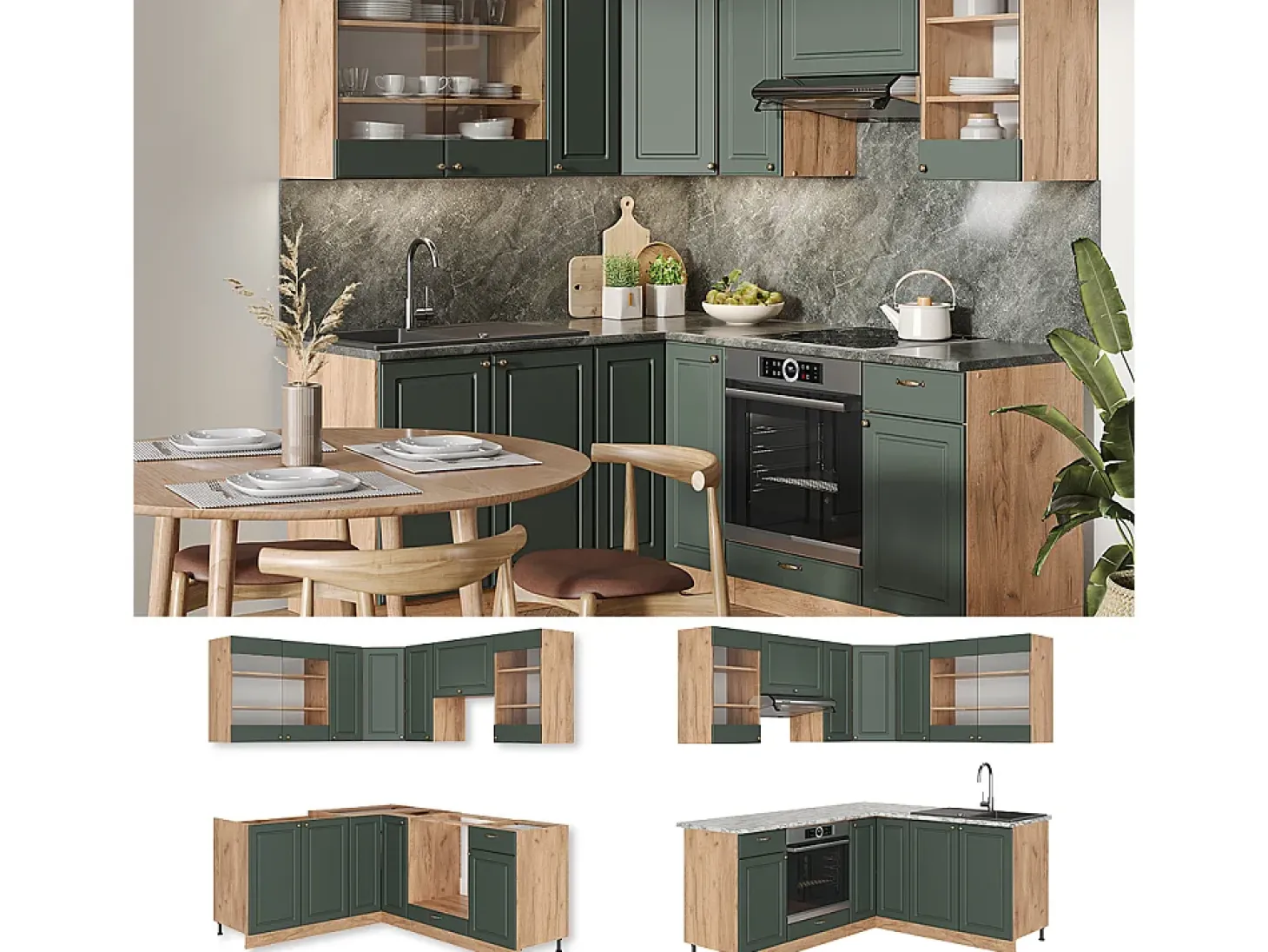 Cocina esquinera green-gold country/gold power roble 190x46x81.6 fame-line
