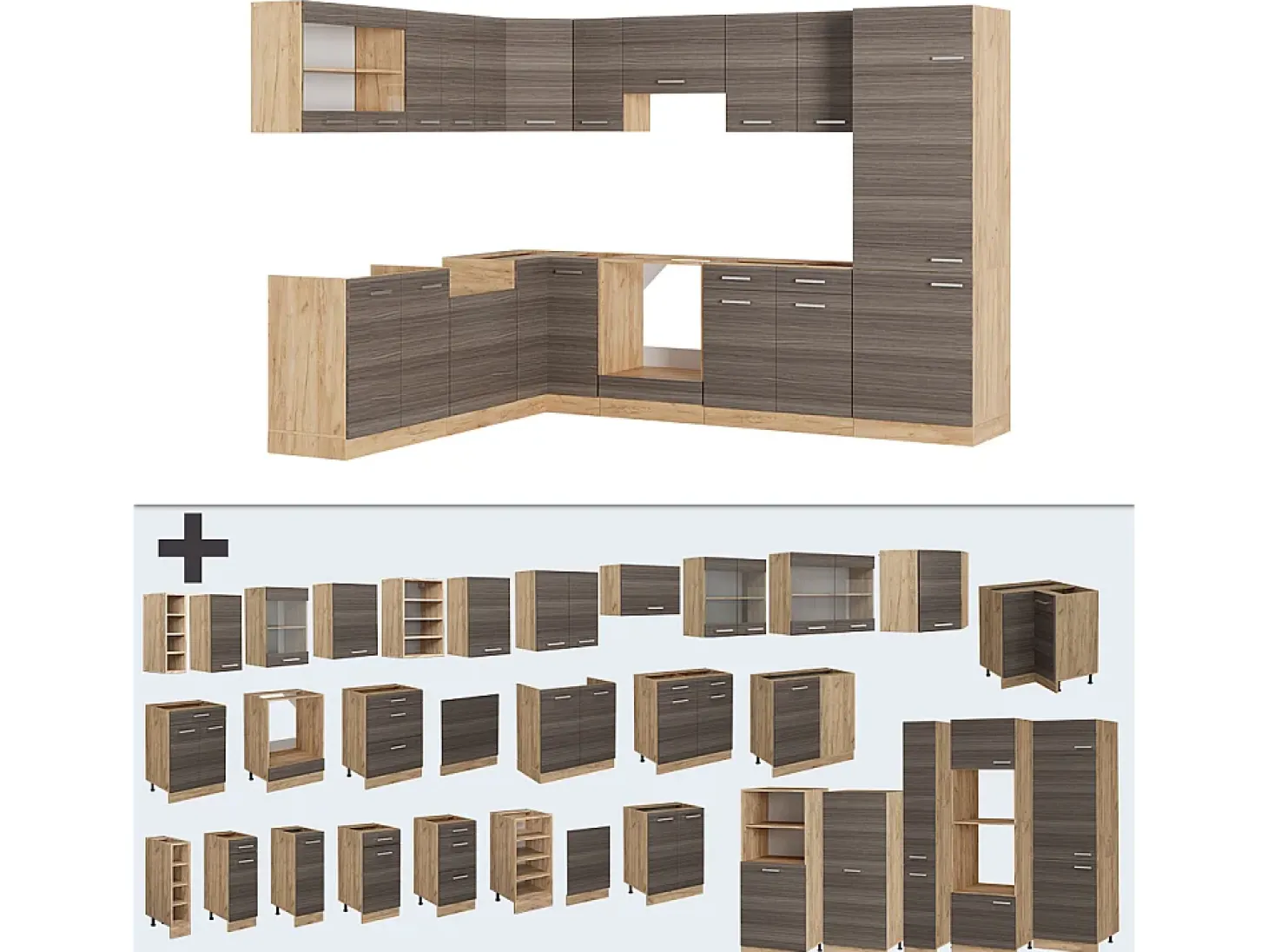 Cocina esquinera gris noble/roble dorado 287x46x81.6 r-line