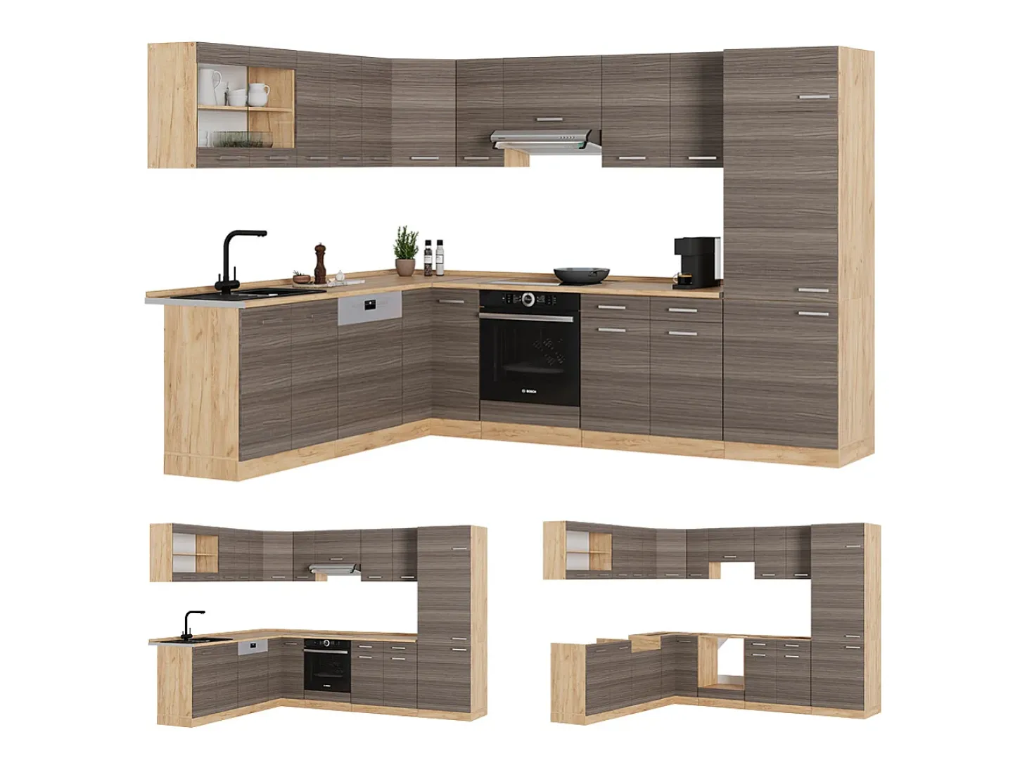 Cocina esquinera gris noble/roble dorado 287x60x81.6 r-line