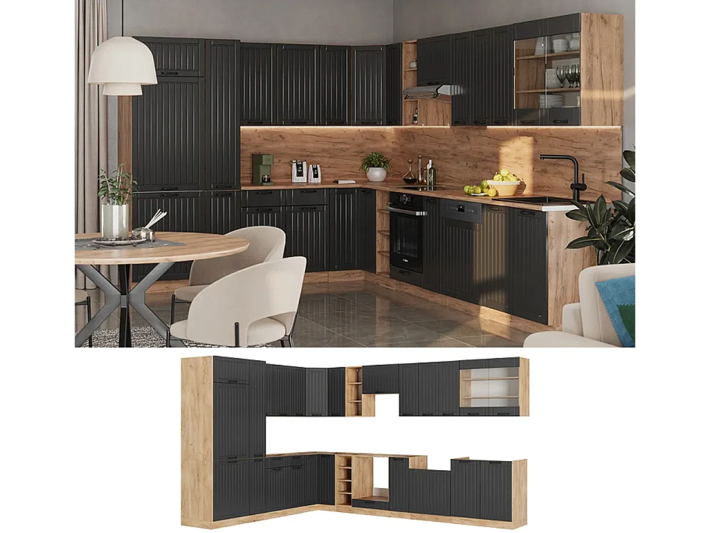 Cocina esquinera gris oscuro 347x60x81.6 fame-line
