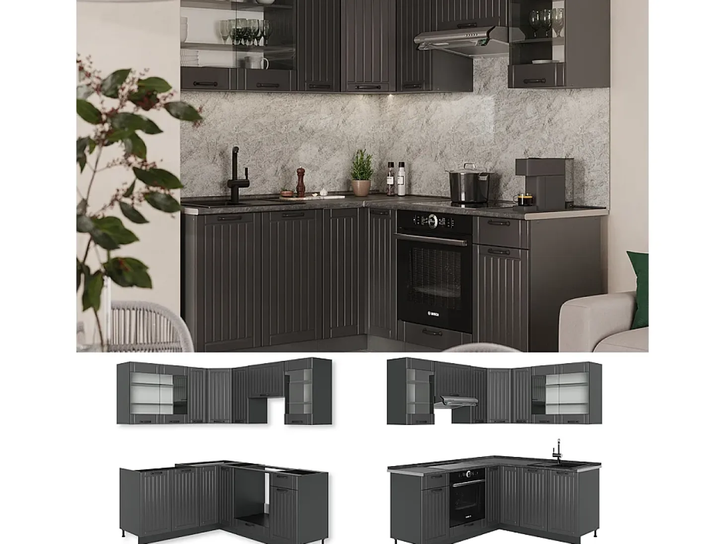 Cocina esquinera gris oscuro 190x60x81.6 fame-line