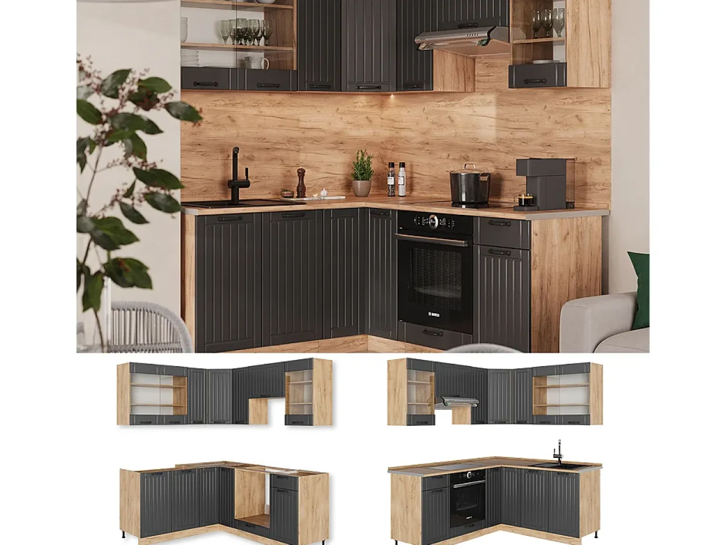 Cocina esquinera gris oscuro 190x60x81.6 fame-line