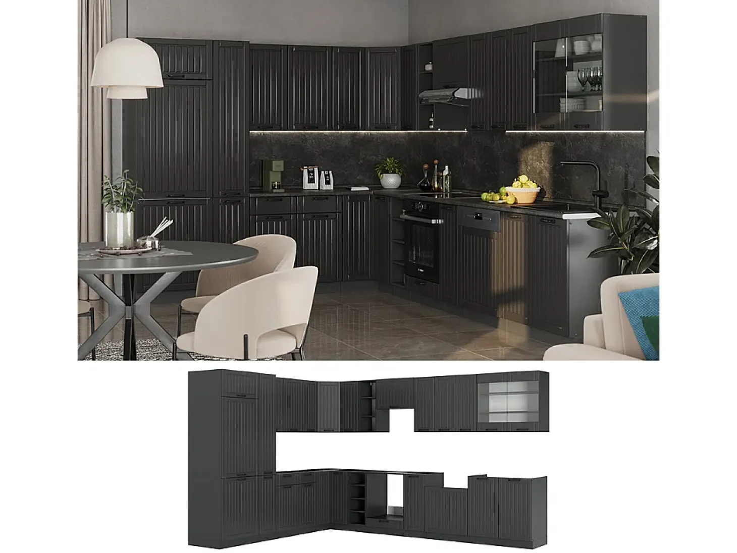 Cocina esquinera gris oscuro 347x60x81.6 fame-line