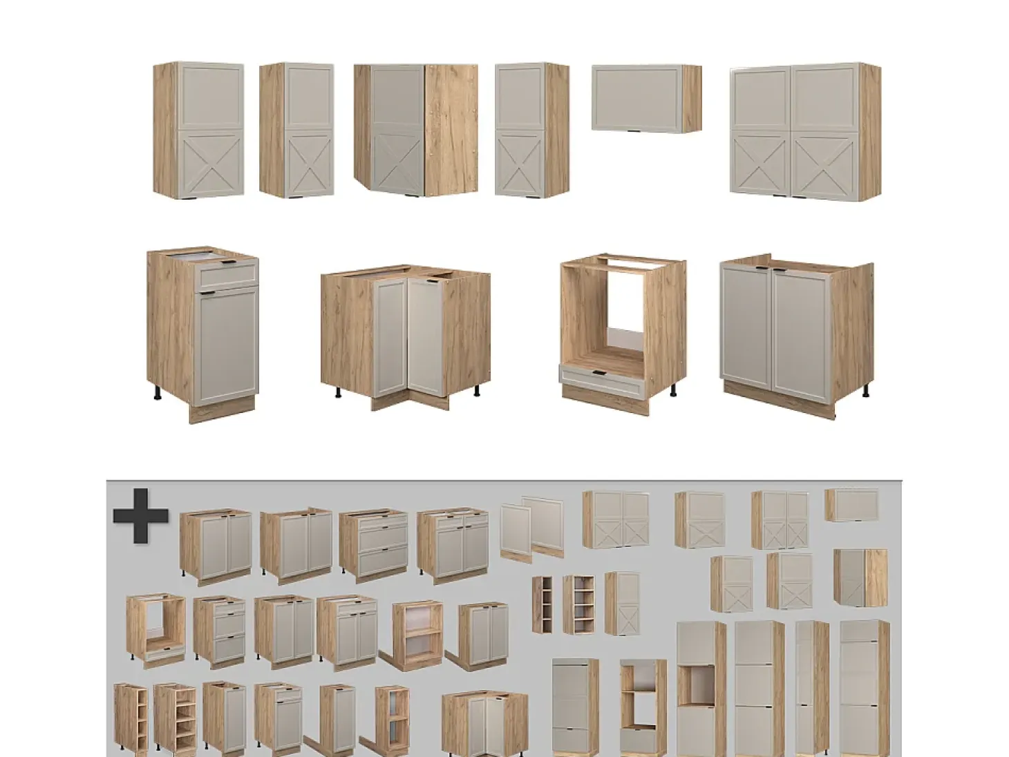 Cocina esquinera gris/beige/roble dorado 190x46x81.6 fame-line