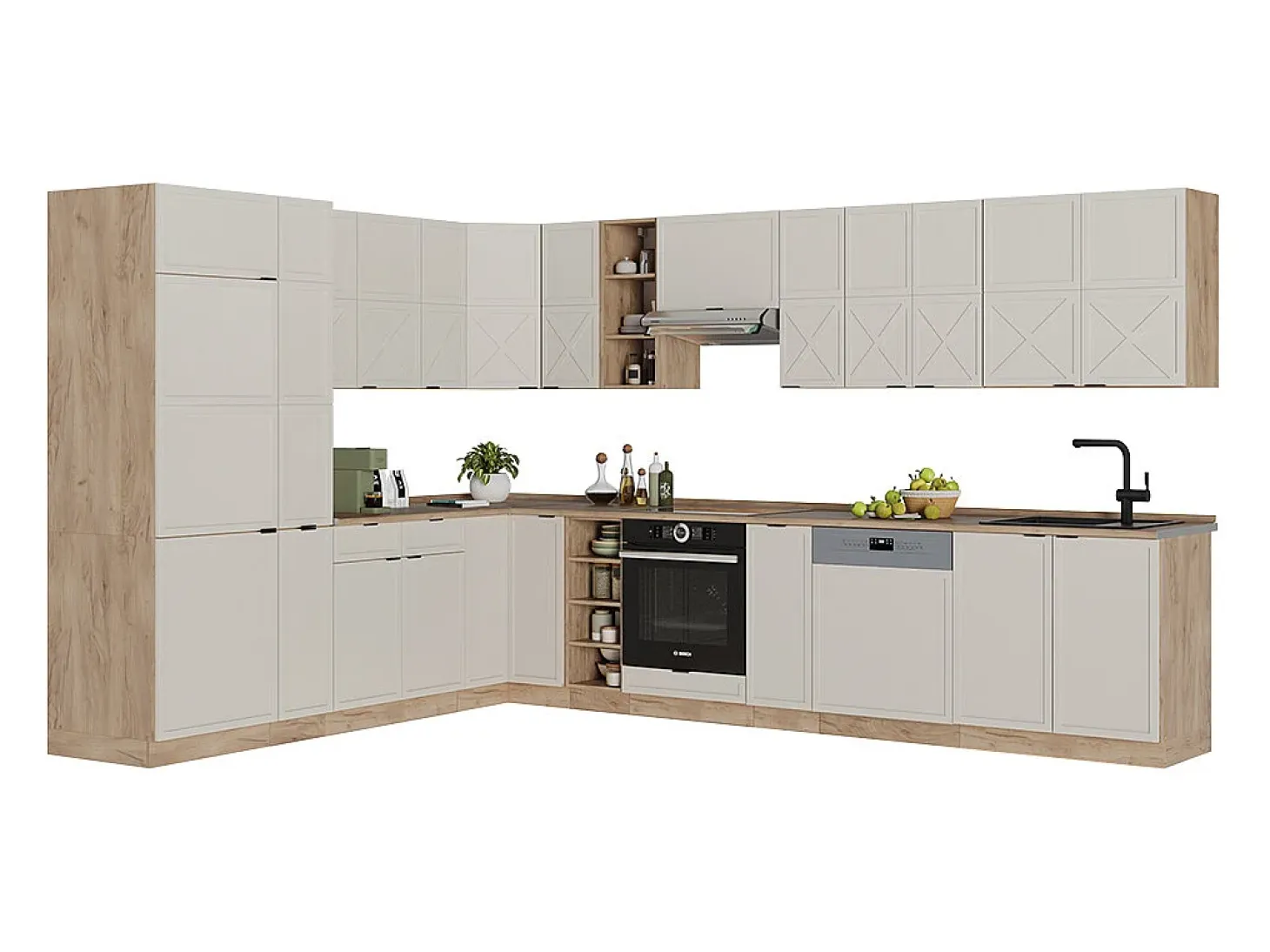 Cocina esquinera gris/beige/roble dorado 347x60x81.6 fame-line
