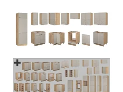 Cocina esquinera gris/beige/roble dorado 227x60x81.6 fame-line