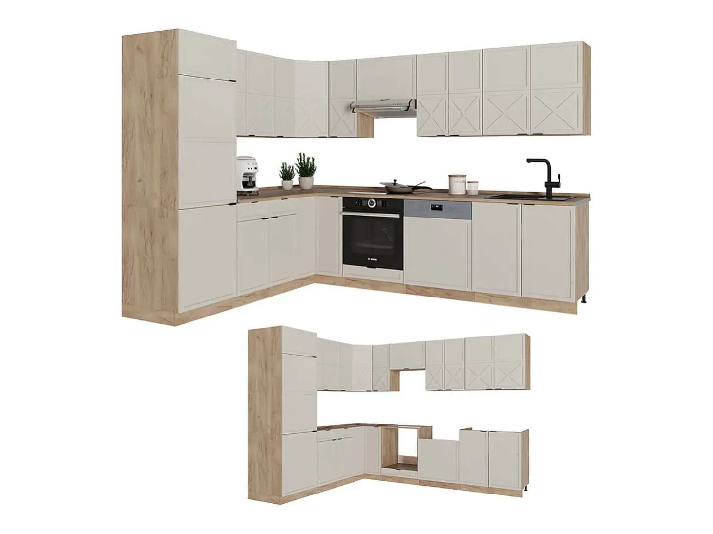 Cocina esquinera gris/beige/roble dorado 227x60x81.6 fame-line