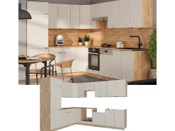 Cocina esquinera gris/beige/roble dorado 227x60x81.6 fame-line
