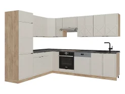 Cocina esquinera gris/beige/roble dorado 227x60x81.6 fame-line