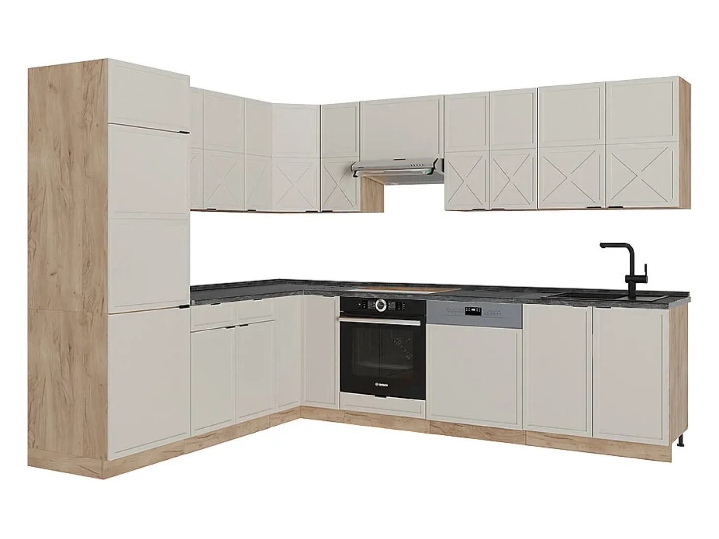 Cocina esquinera gris/beige/roble dorado 227x60x81.6 fame-line