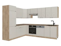 Cocina esquinera gris/beige/roble dorado 227x60x81.6 fame-line