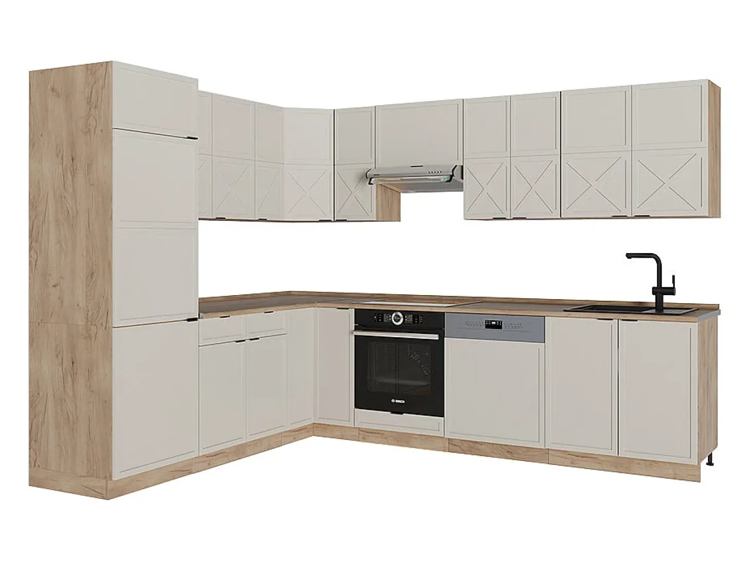 Cocina esquinera gris/beige/roble dorado 227x60x81.6 fame-line