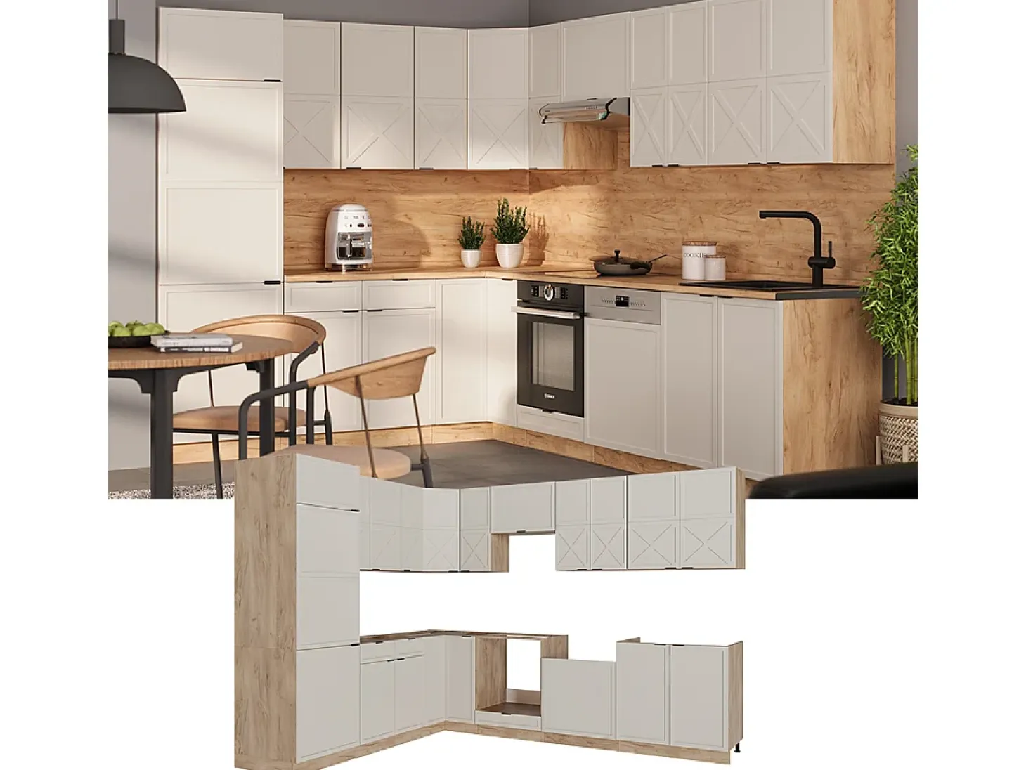 Cocina esquinera gris/beige/roble dorado 227x60x81.6 fame-line
