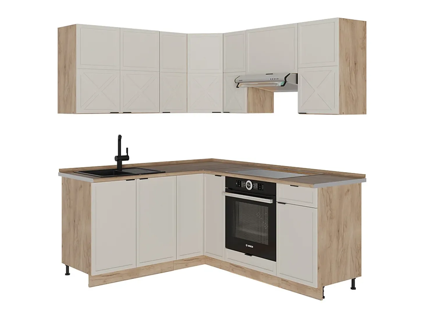 Cocina esquinera gris/beige/roble dorado 190x60x81.6 fame-line