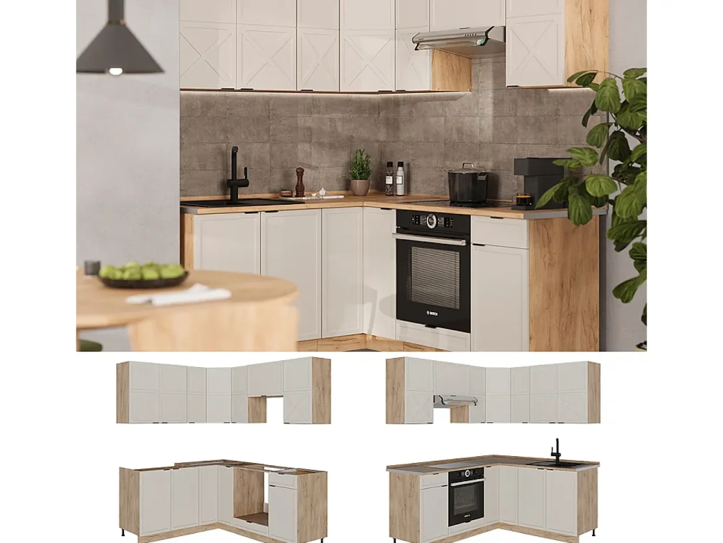 Cocina esquinera gris/beige/roble dorado 190x60x81.6 fame-line