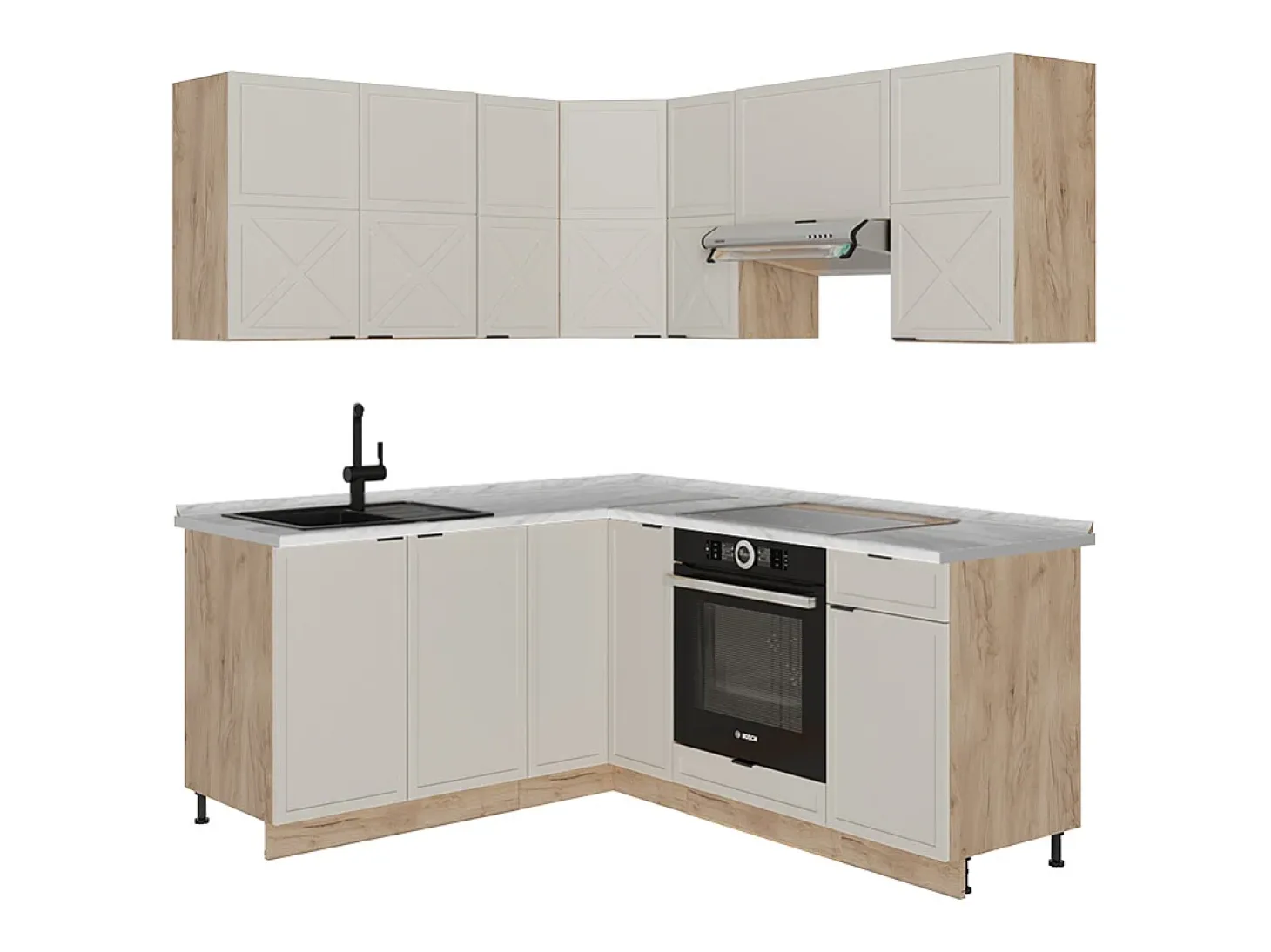 Cocina esquinera gris/beige/roble dorado 190x60x81.6 fame-line