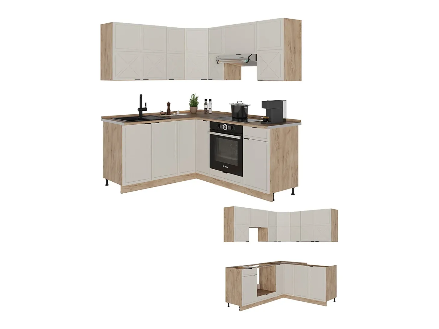 Cocina esquinera gris/beige/roble dorado 190x60x81.6 fame-line