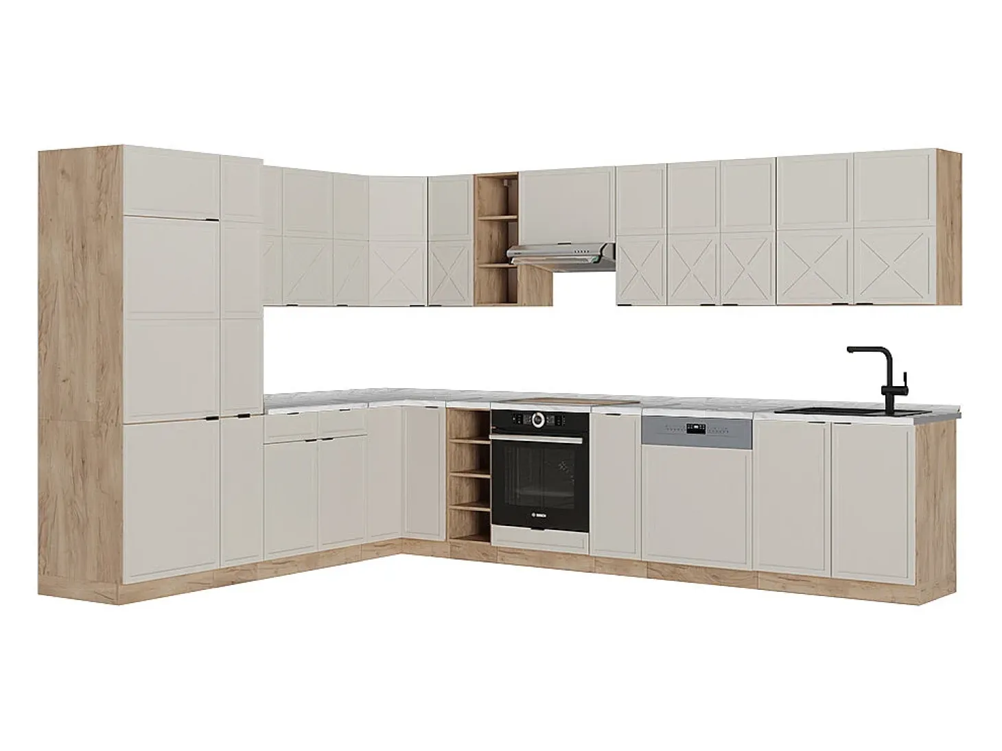 Cocina esquinera gris/beige/roble dorado 347x46x81.6 fame-line