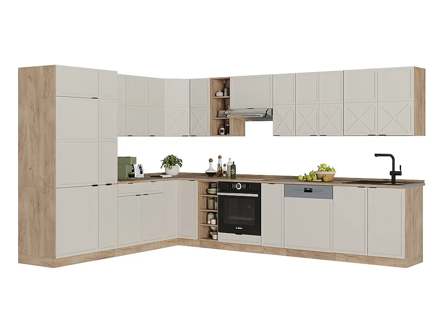 Cocina esquinera gris/beige/roble dorado 347x46x81.6 fame-line
