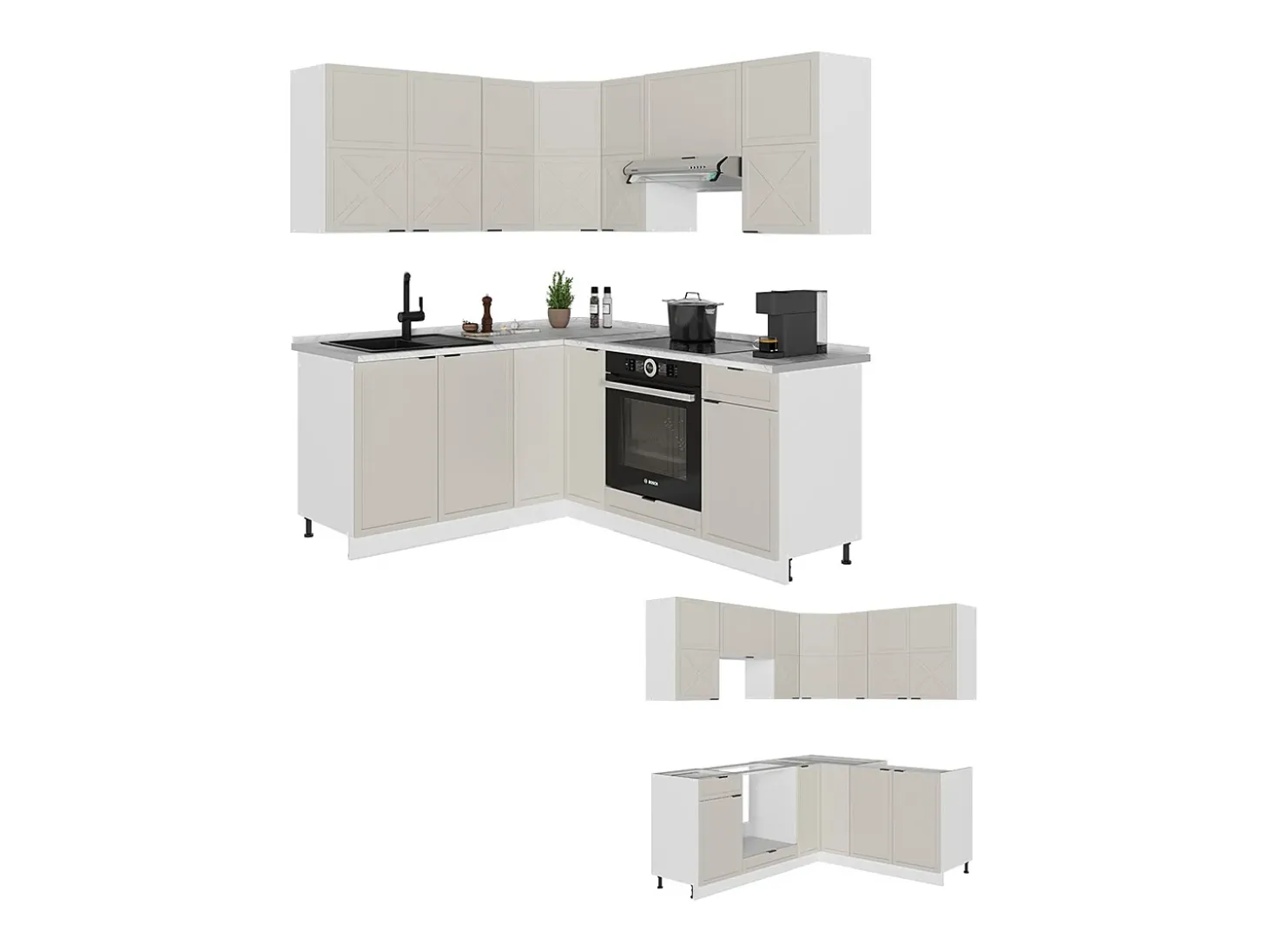 Cocina esquinera gris/beige/blanco 190x60x81.6 fame-line