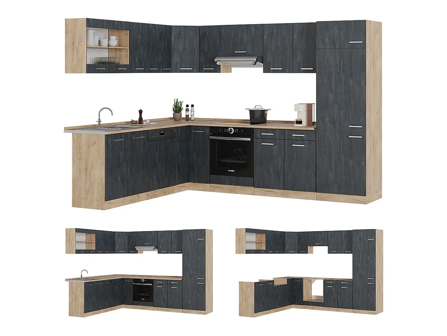 Cocina esquinera hormigón negro/roble dorado 287x60x81.6 r-line