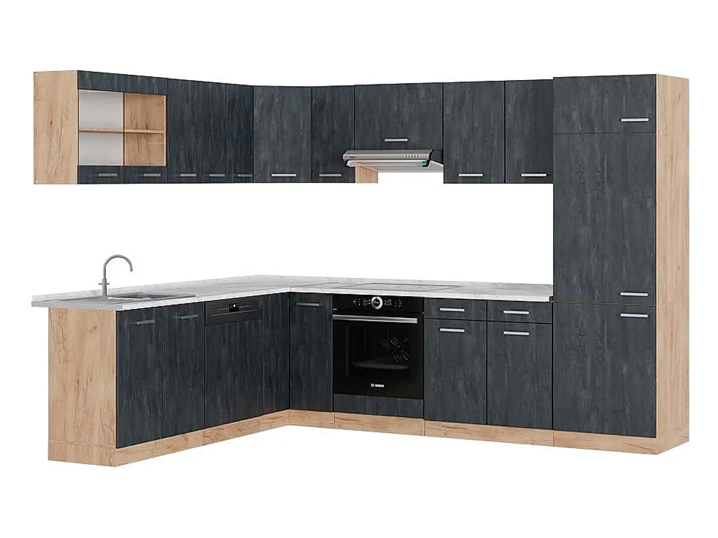 Cocina esquinera hormigón negro/roble dorado 287x60x81.6 r-line