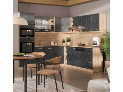 Cocina esquinera hormigón negro/roble dorado 247x46x81.6 r-line