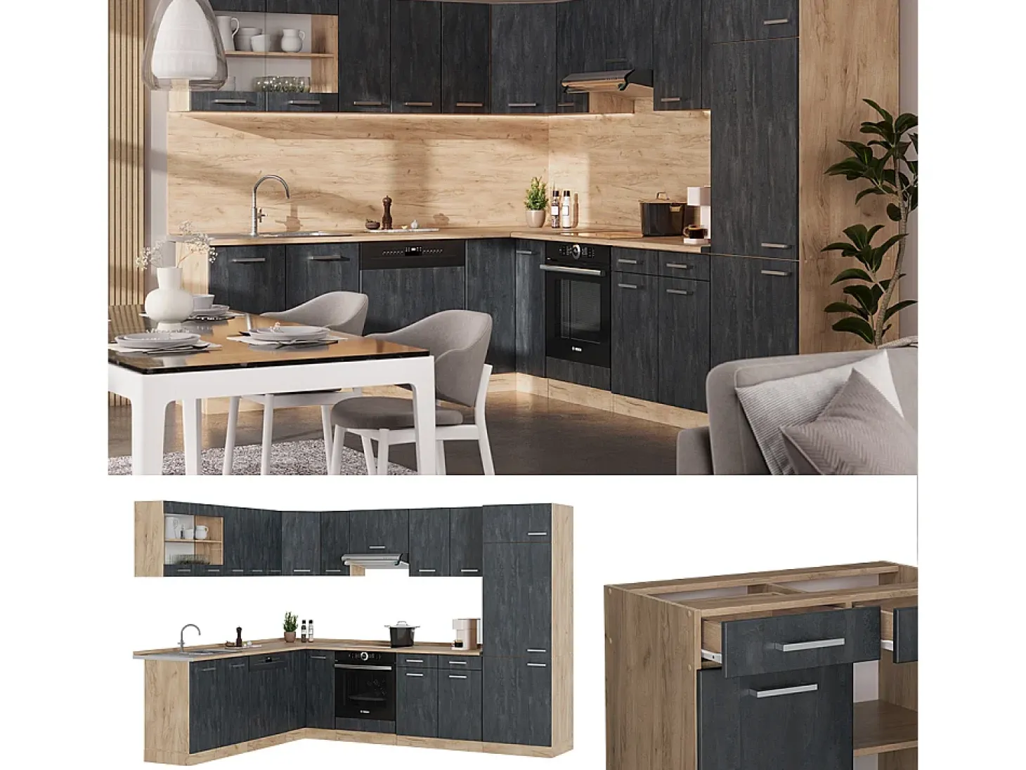 Cocina esquinera hormigón negro/roble dorado 287x60x81.6 r-line