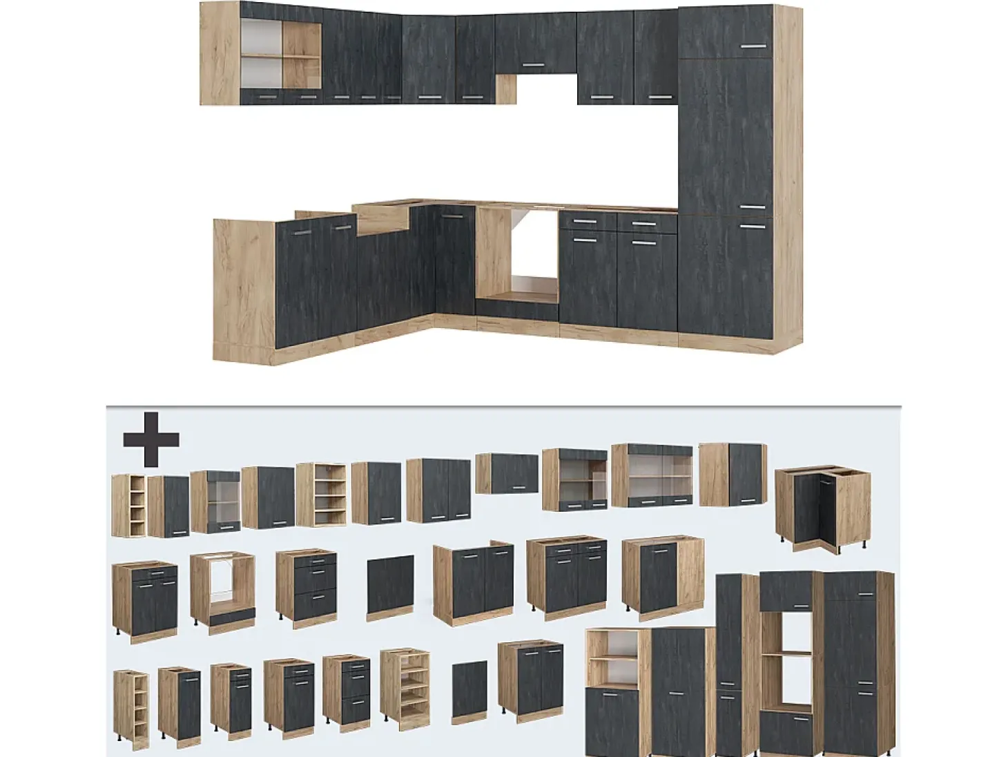 Cocina esquinera hormigón negro/roble dorado 287x60x81.6 r-line