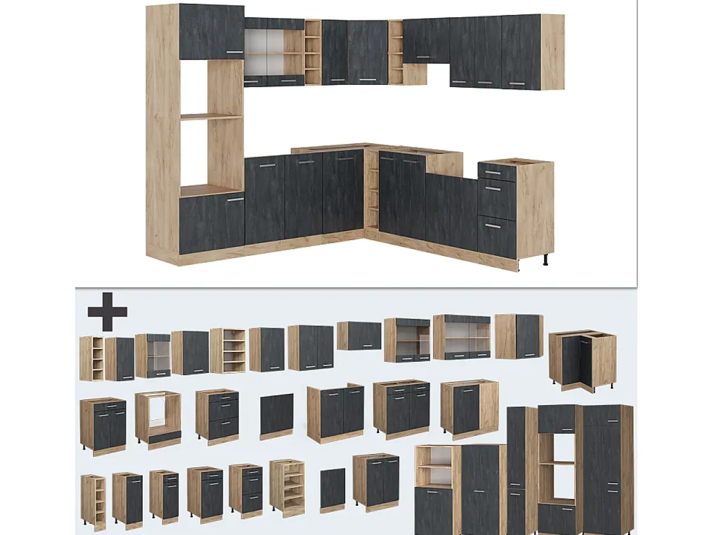 Cocina esquinera hormigón negro/roble dorado 247x60x81.6 r-line