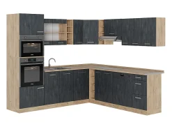 Cocina esquinera hormigón negro/roble dorado 247x60x81.6 r-line
