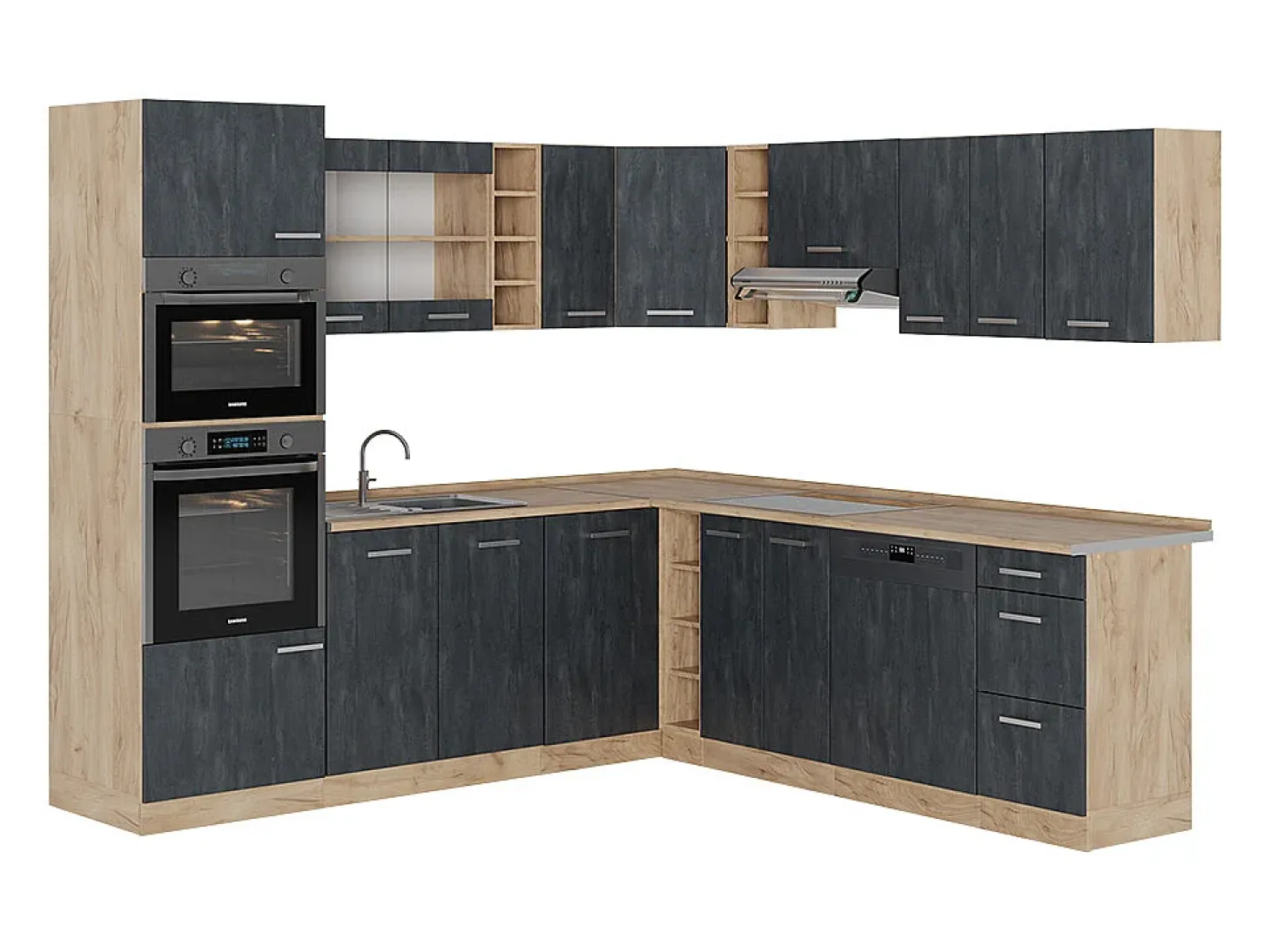 Cocina esquinera hormigón negro/roble dorado 247x60x81.6 r-line