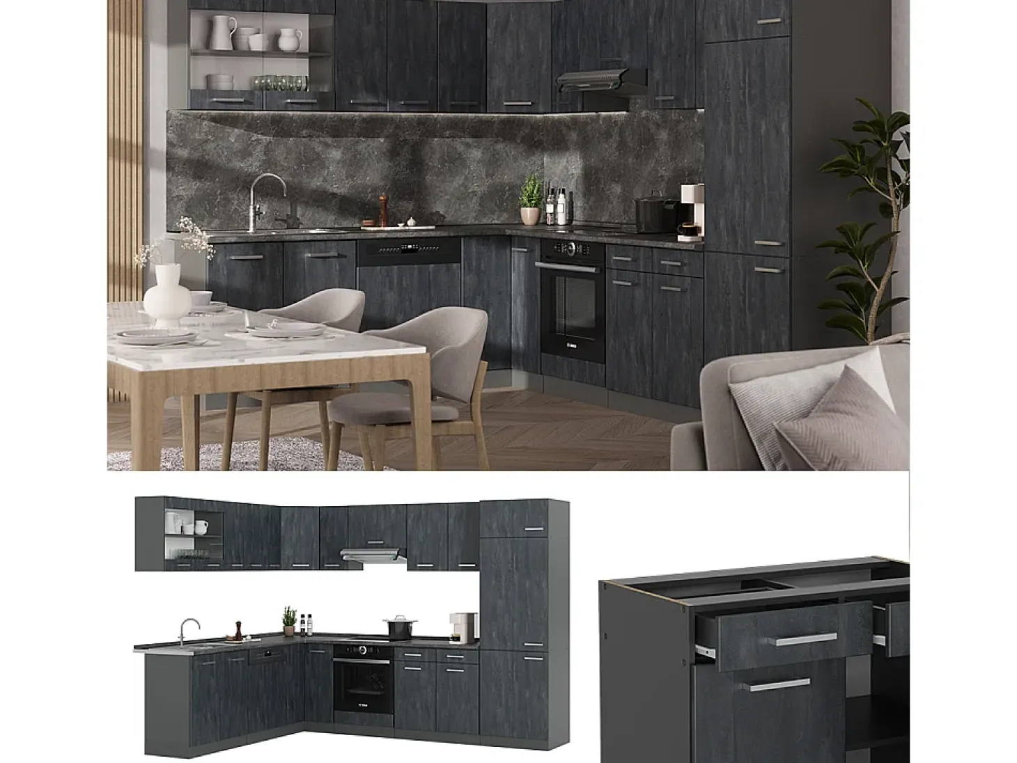 Cocina esquinera hormigón negro/antracita 287x60x81.6 r-line