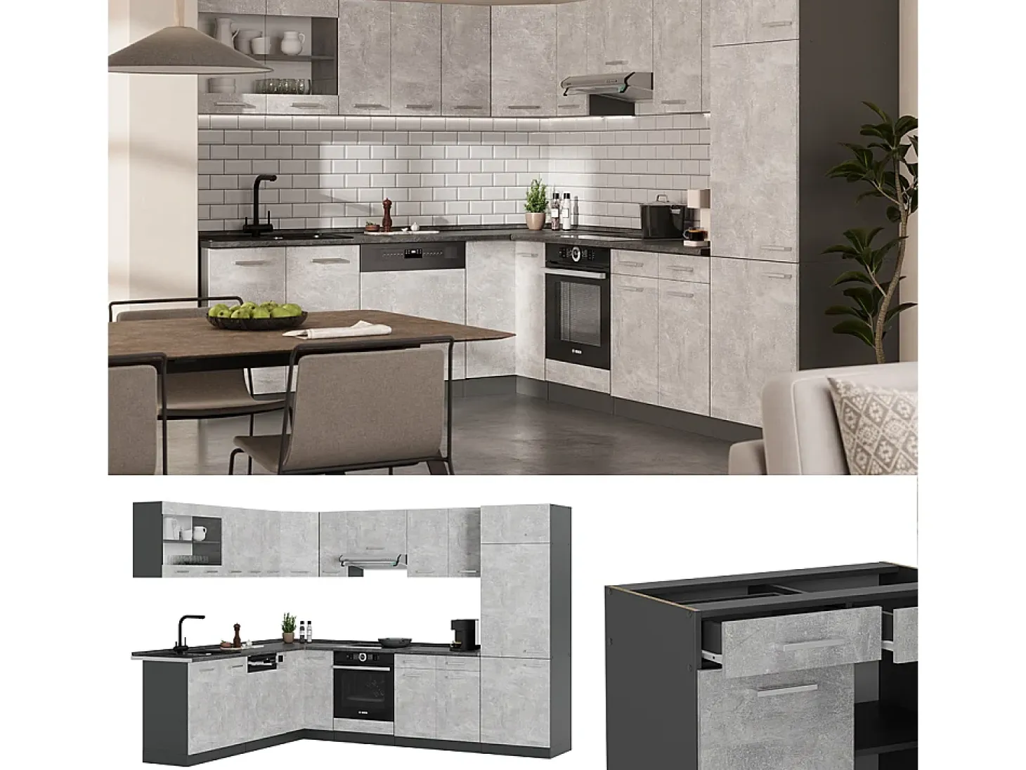 Cocina esquinera hormigón/antracita 287x60x81.6 r-line