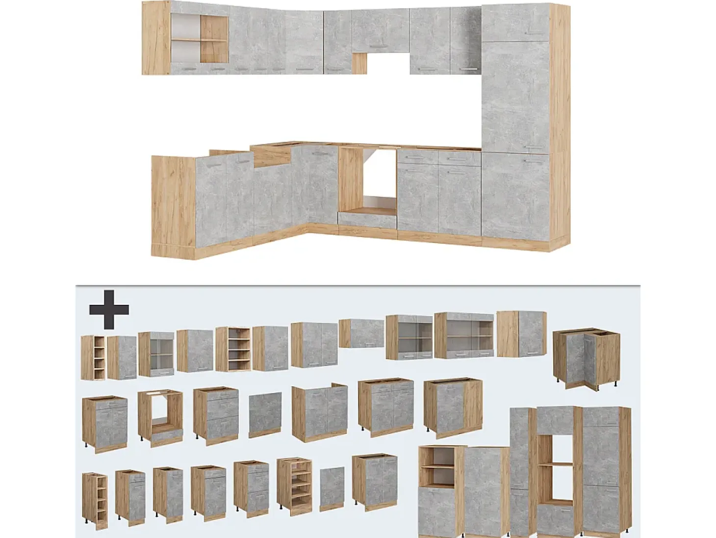 Cocina esquinera hormigón/roble dorado 287x46x81.6 r-line
