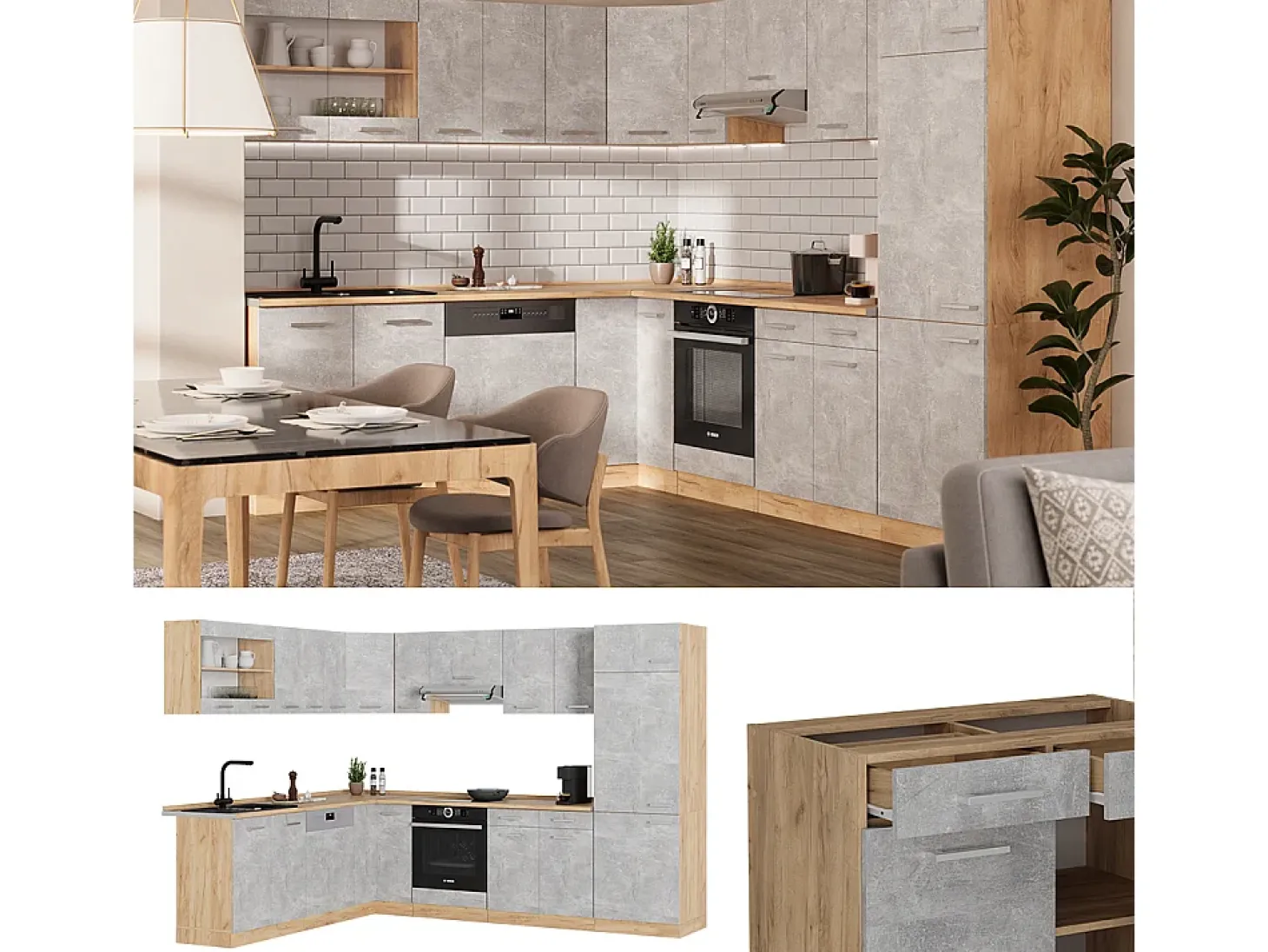 Cocina esquinera hormigón/roble dorado 287x60x81.6 r-line