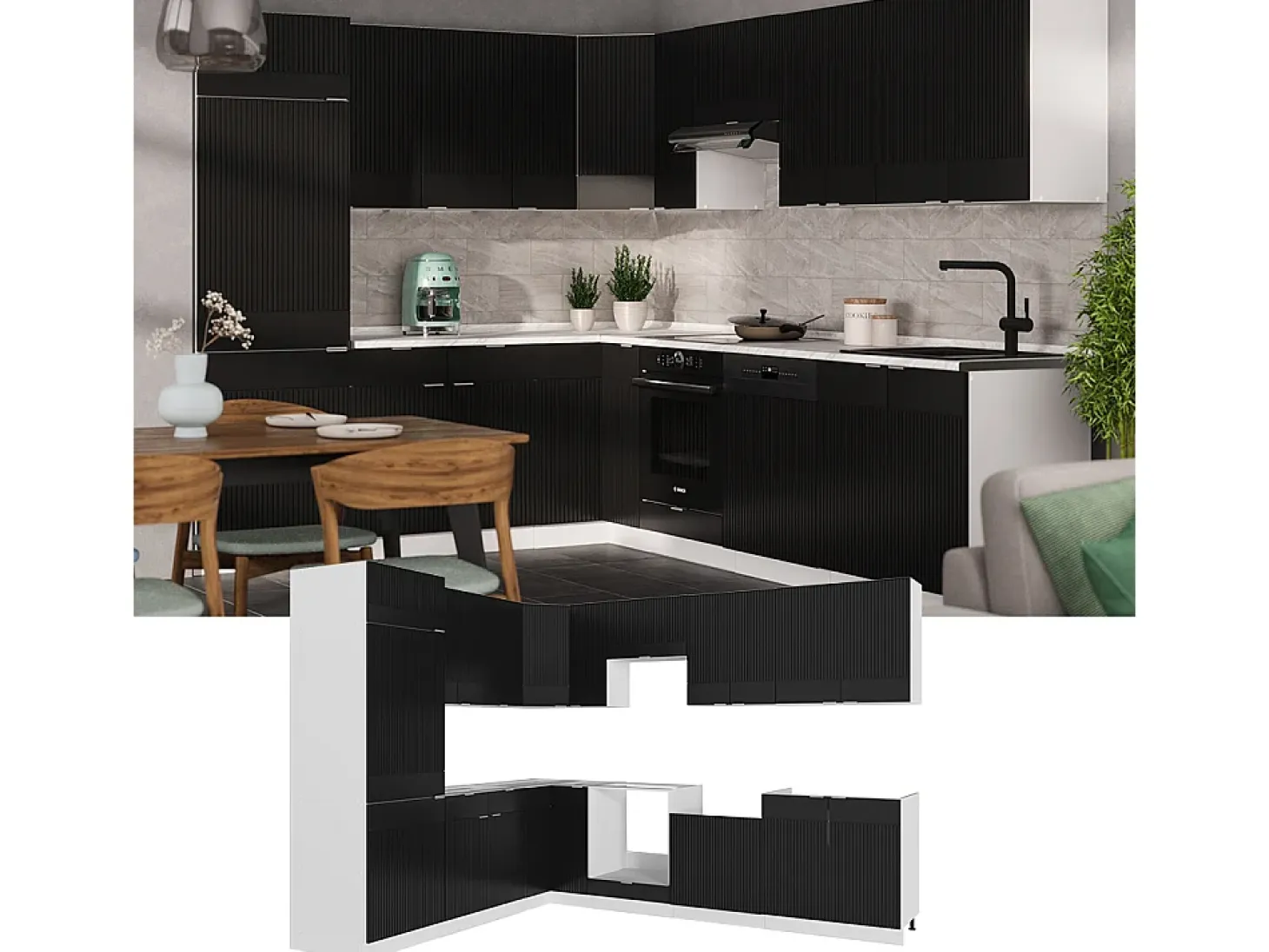 Cocina esquinera negro a rayas/blanco 287x46x81.6 fame-line