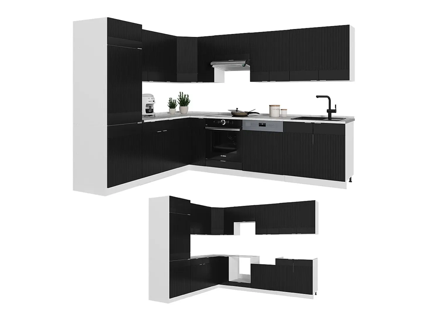Cocina esquinera negro a rayas/blanco 287x60x81.6 fame-line