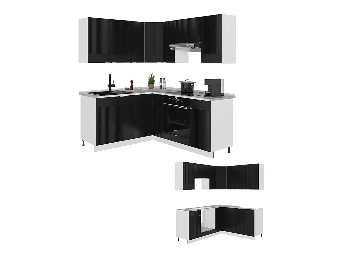 Cocina esquinera negro a rayas/blanco 190x60x81.6 fame-line