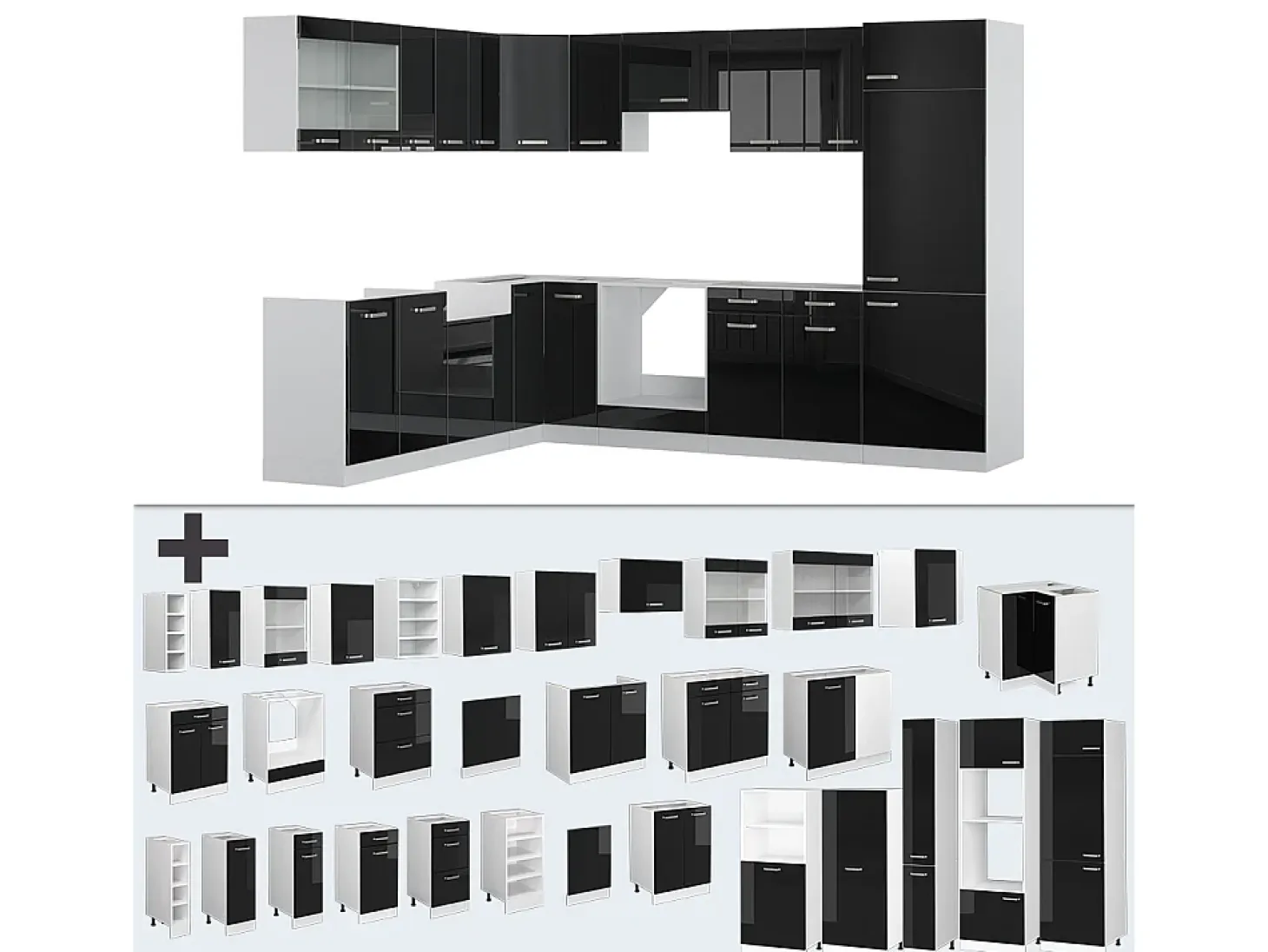 Cocina esquinera negro brillo intenso 287x60x81.6 r-line