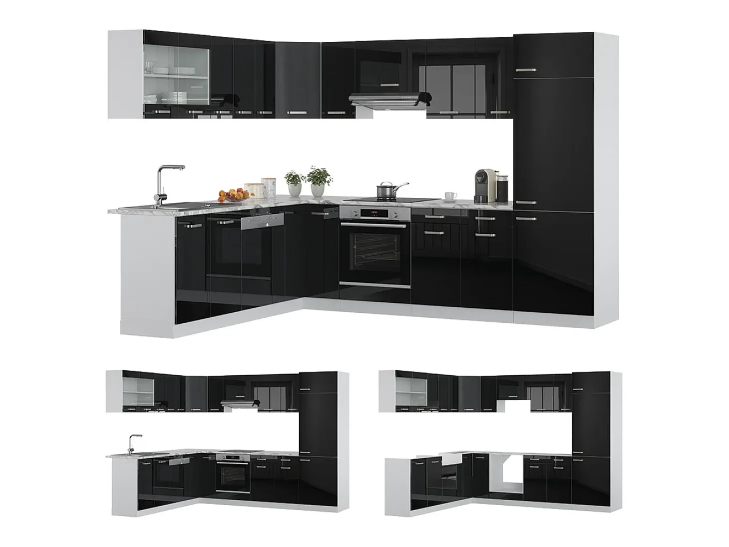 Cocina esquinera negro brillo/blanco 287x60x81.6 r-line