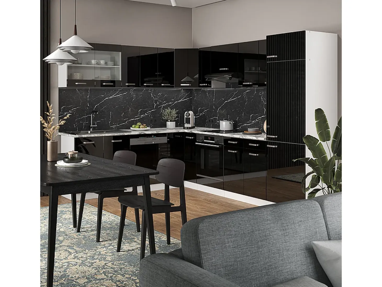 Cocina esquinera negro brillo/blanco 287x60x81.6 r-line