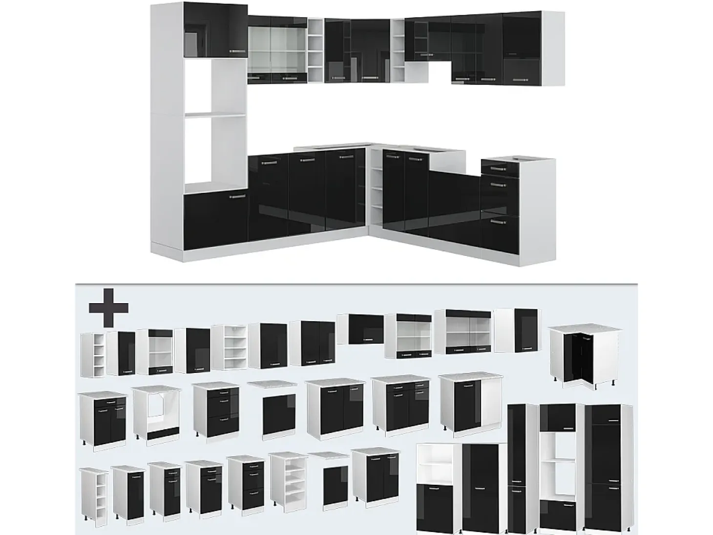 Cocina esquinera negro brillo/blanco 247x60x81.6 r-line