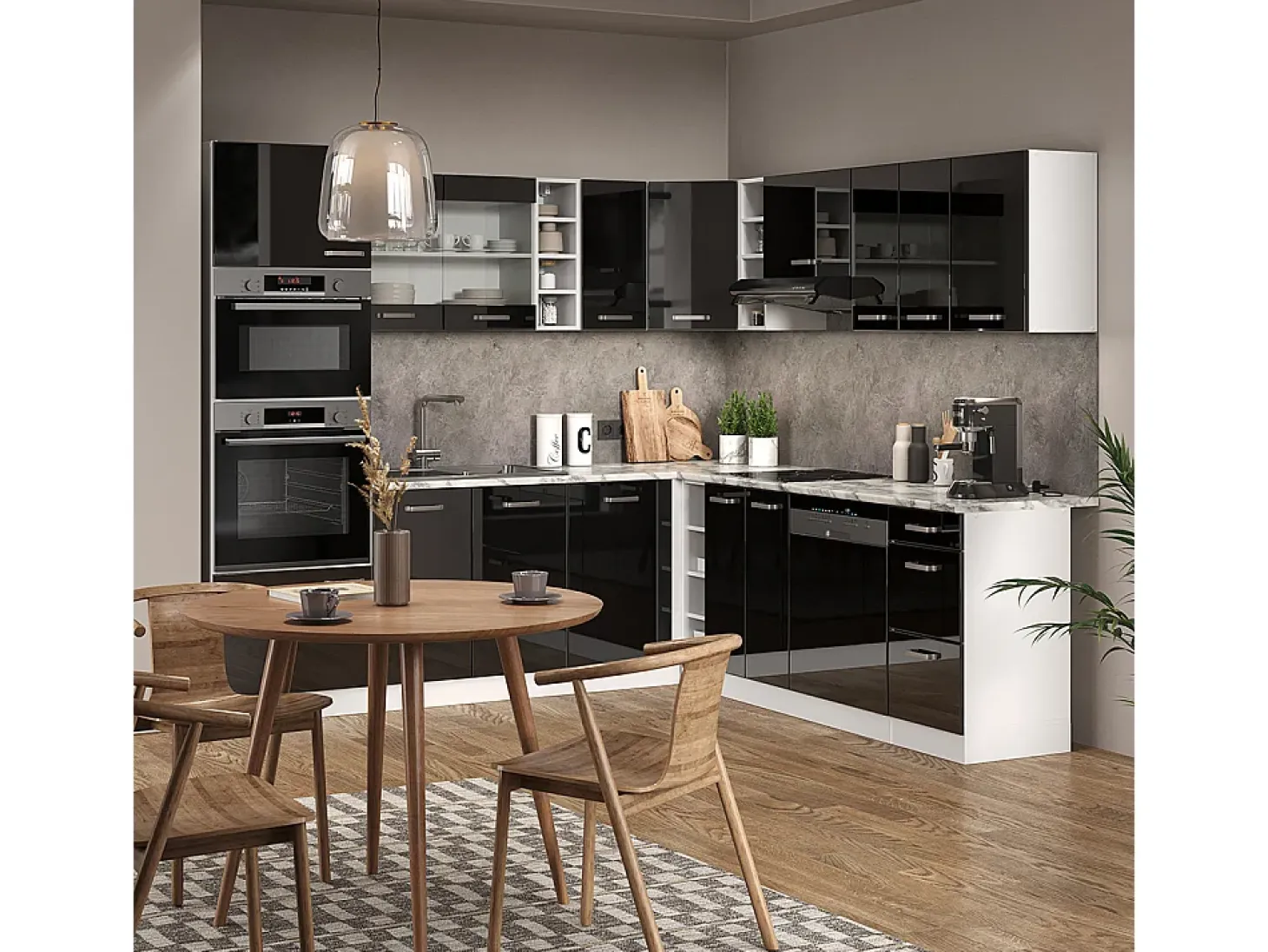 Cocina esquinera negro brillo/blanco 247x60x81.6 r-line