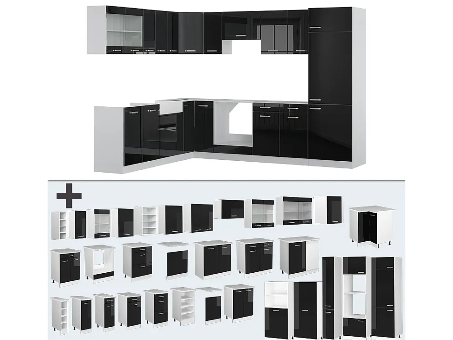 Cocina esquinera negro brillo/blanco 287x46x81.6 r-line