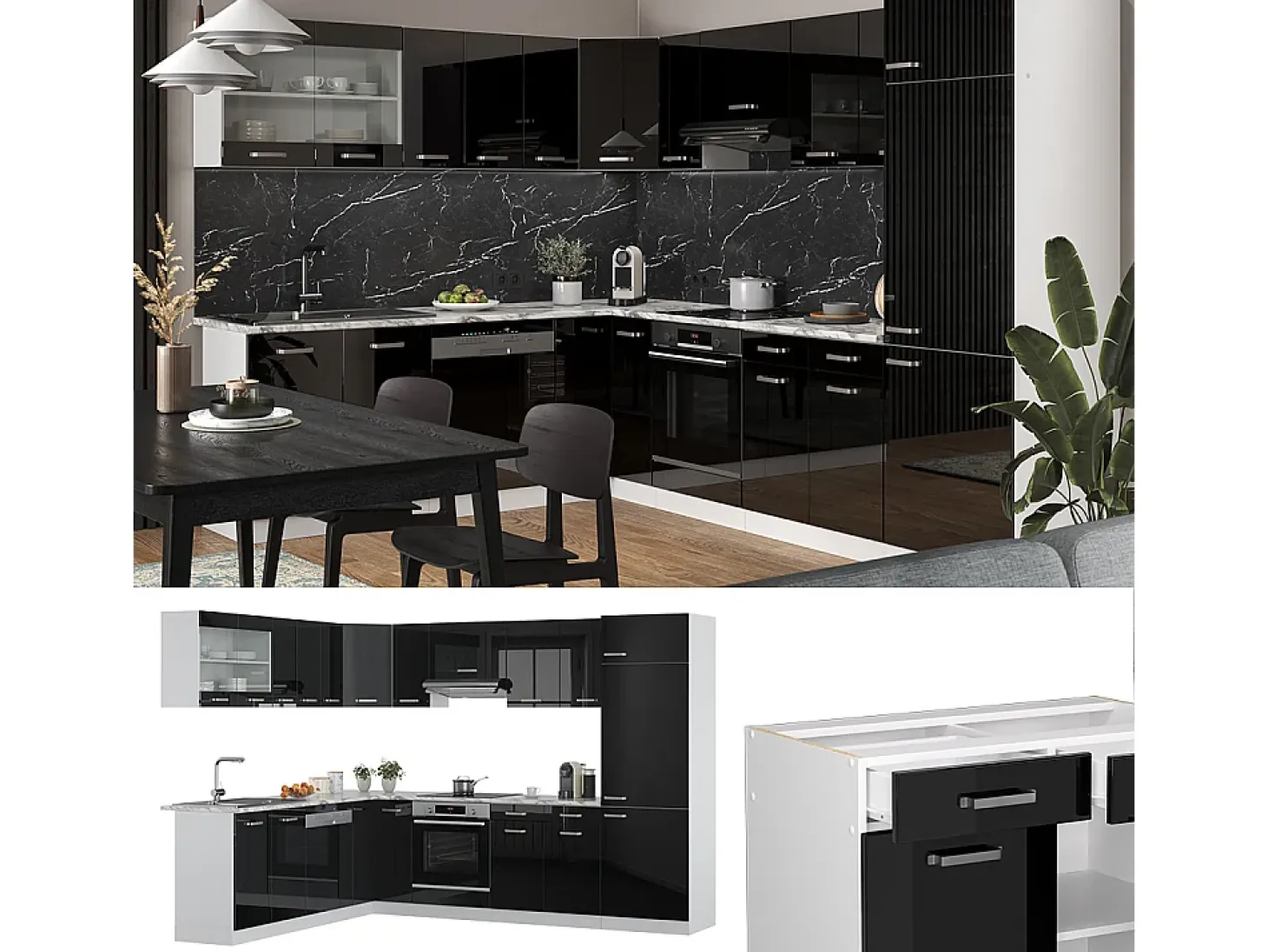 Cocina esquinera negro brillo/blanco 287x46x81.6 r-line