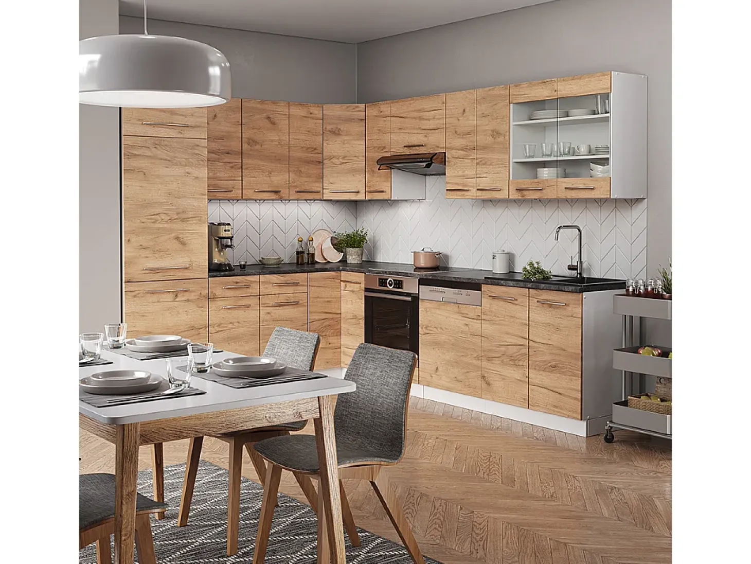 Cocina esquinera oro potencia roble/blanco 287x60x81.6 fame-line