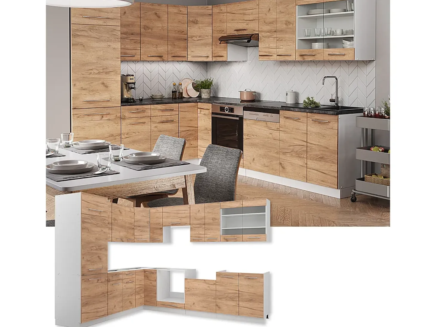 Cocina esquinera oro potencia roble/blanco 287x60x81.6 fame-line