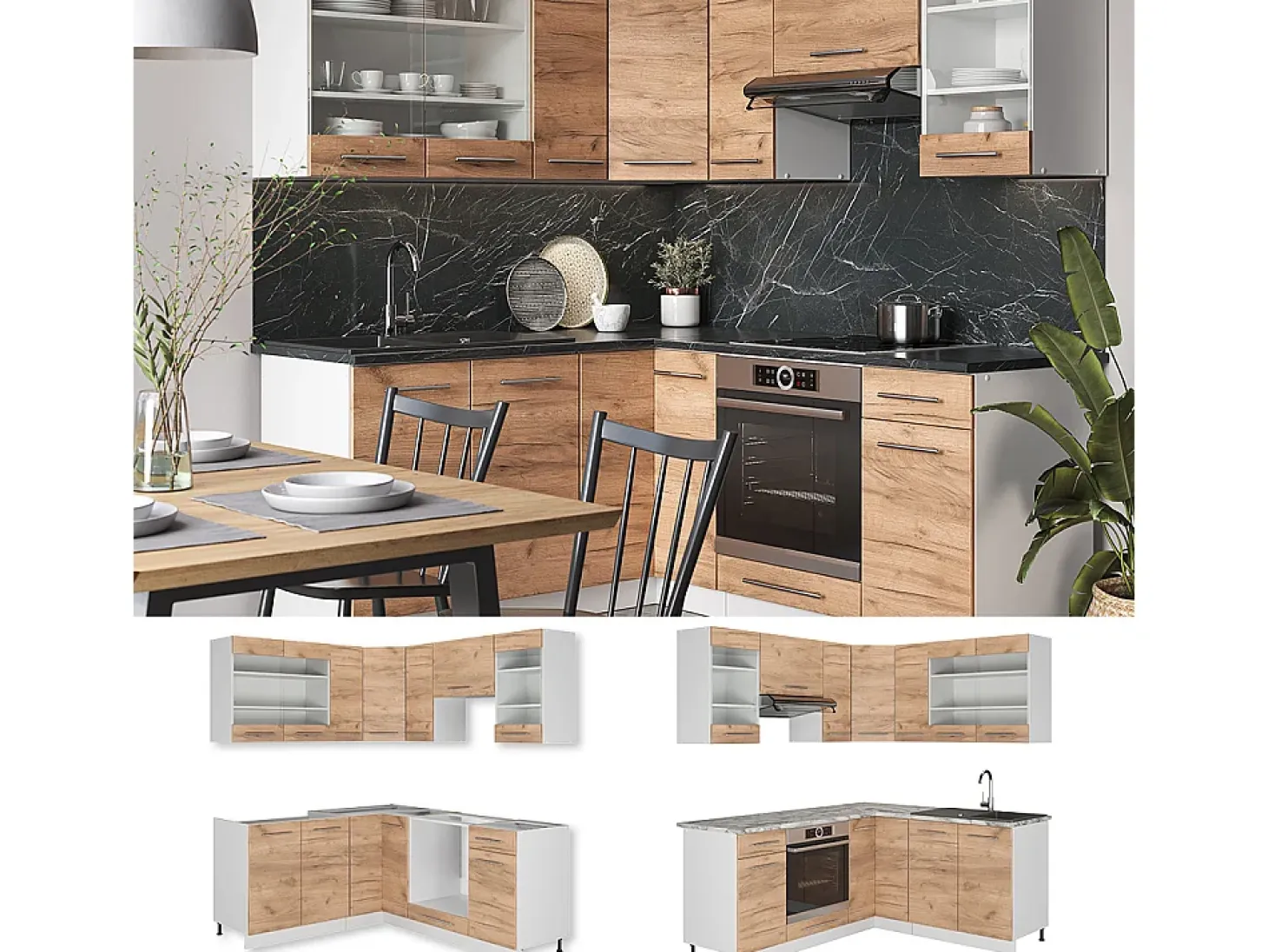 Cocina esquinera oro potencia roble/blanco 190x60x81.6 fame-line